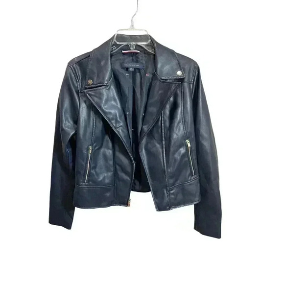 Tommy Hilfiger Women's Small Faux-Leather Moto Biker Jacket Dark Blue - Picture 1 of 4